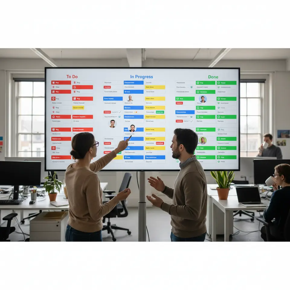 Issue Tracking and Project Boards: A vibrant Kanban-style board with columns labeled “To Do,” “In Progress,” and “Done,” featuring color-coded issue cards tagged as bugs, feature requests, and documentation tasks, complete with avatar icons and label badges.