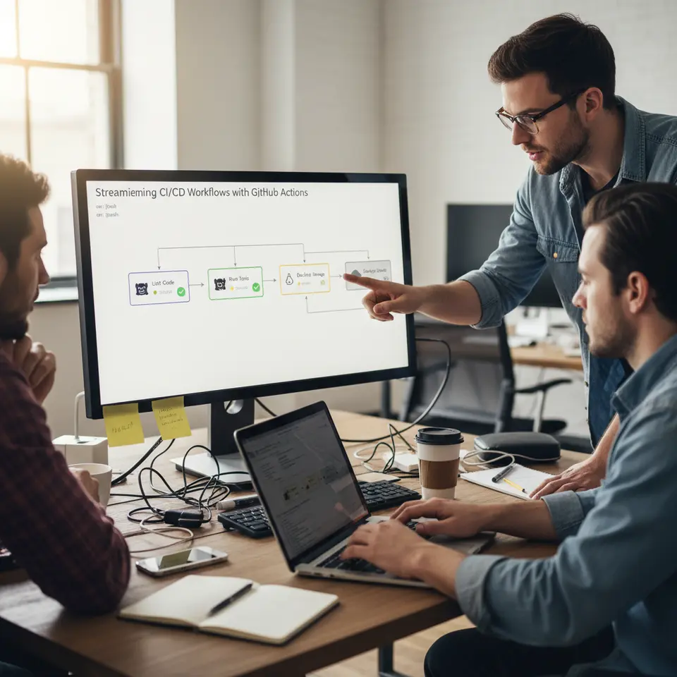 Streamlining CI/CD Workflows with GitHub Actions: A flowchart illustrating a YAML-defined pipeline triggered on push events, showing sequential connected steps—linting code, running tests, building a Docker image, and deploying to the cloud—with GitHub Actions icons and status indicators.