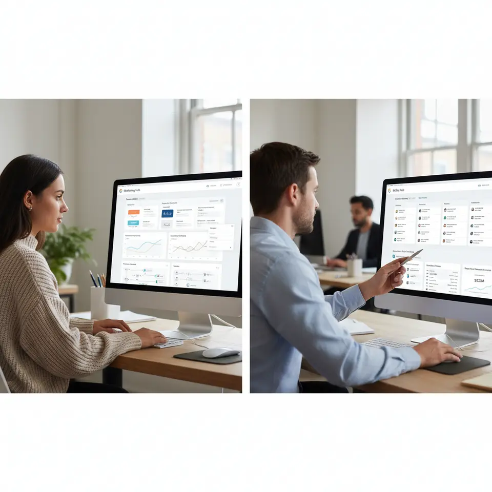A dynamic split-screen illustration of the Marketing and Sales Hubs: on the left, a marketer’s workspace showing a drag-and-drop email builder with smart content modules, A/B test graphs, pop-up form capturing leads, and a visual workflow canvas triggering automated nurturing sequences; on the right, a sales pipeline dashboard with customizable deal stages, automated email cadences, meeting-scheduling links, contact timelines of calls and website visits, and a real-time revenue forecasting widget.