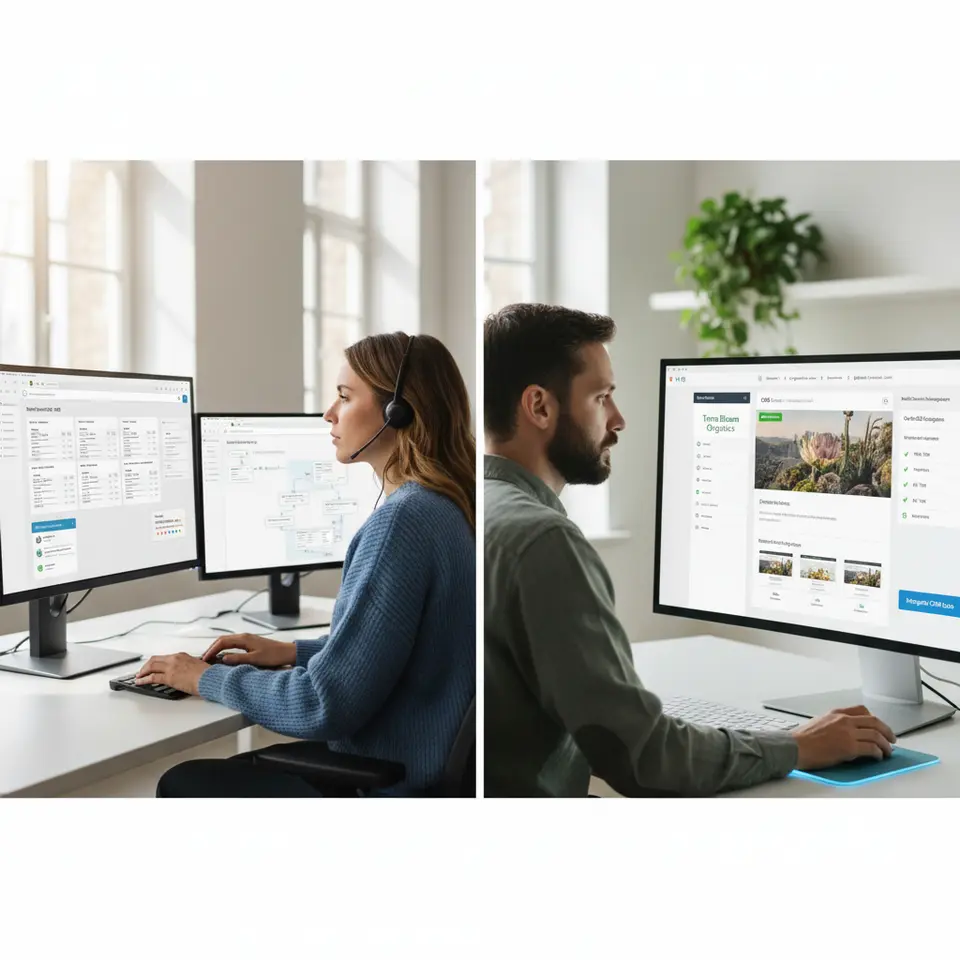 A vibrant two-panel scene for Service and CMS Capabilities: the first panel depicts a support agent’s console with a unified ticket inbox, live chat widget, automated case routing by SLA, knowledge base search bar, and customer satisfaction survey pop-ups; the second panel shows a drag-and-drop website builder creating personalized landing pages with on-page SEO suggestions, responsive device previews, multi-domain management, and seamless CRM data integration.