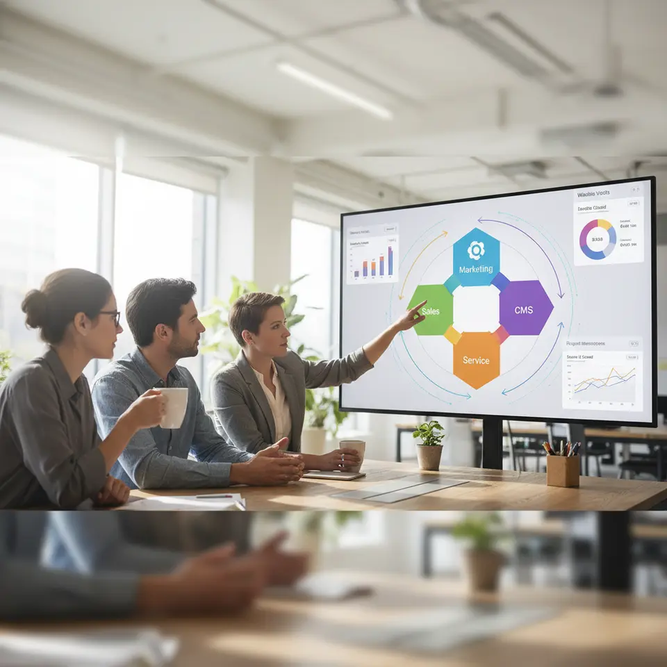 A vibrant diagram showcasing HubSpot’s modular ecosystem: five interlocking hub icons labeled Marketing, Sales, Service, CMS, and Operations, with animated data streams flowing between them, illustrating a unified customer lifecycle—from first website visit through deal closure to support interactions—overlaid on customizable dashboard widgets displaying real-time metrics.