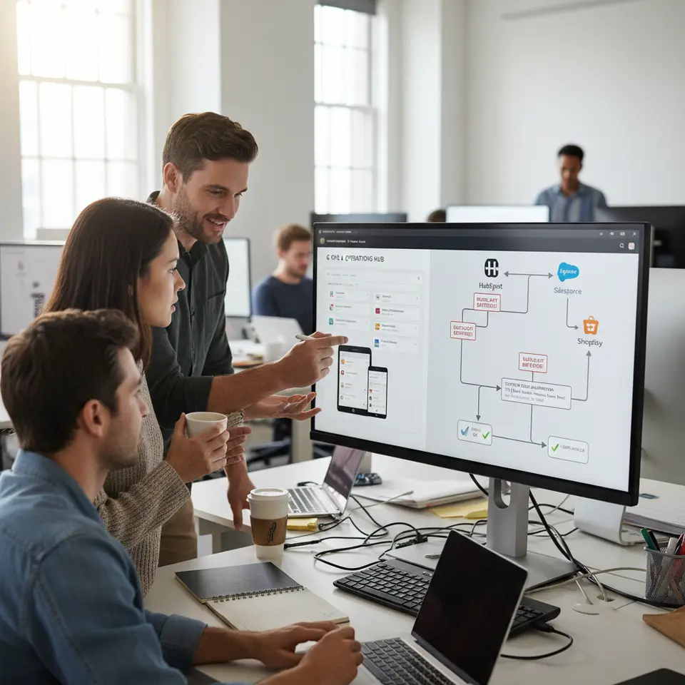 A dynamic workspace scene of the CMS and Operations Hub in action: a drag-and-drop website builder with live preview of adaptive content modules, alongside a visual pipeline of data sync connectors linking HubSpot to external systems (e.g., Salesforce, Shopify), complete with duplicate-detection alerts, custom code automation nodes, and compliance checkmarks for clean CRM data.