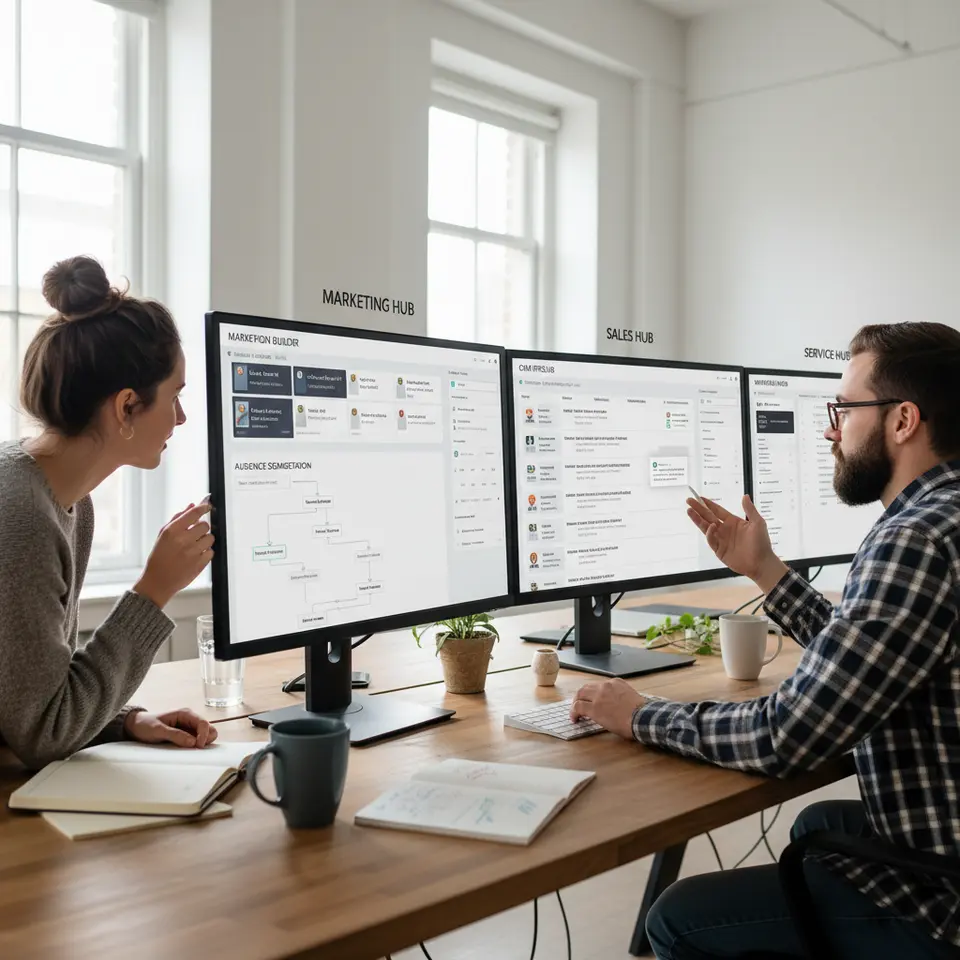 A split-screen dashboard showcasing the Marketing Hub’s drag-and-drop campaign builder with AI-generated headlines and dynamic behavioral segmentation, alongside the Sales Hub’s pipeline view with predictive lead scores, automated email sequences, and a built-in meeting scheduler, and the Service Hub’s unified inbox with live chat, ticket routing, and NPS survey widgets.