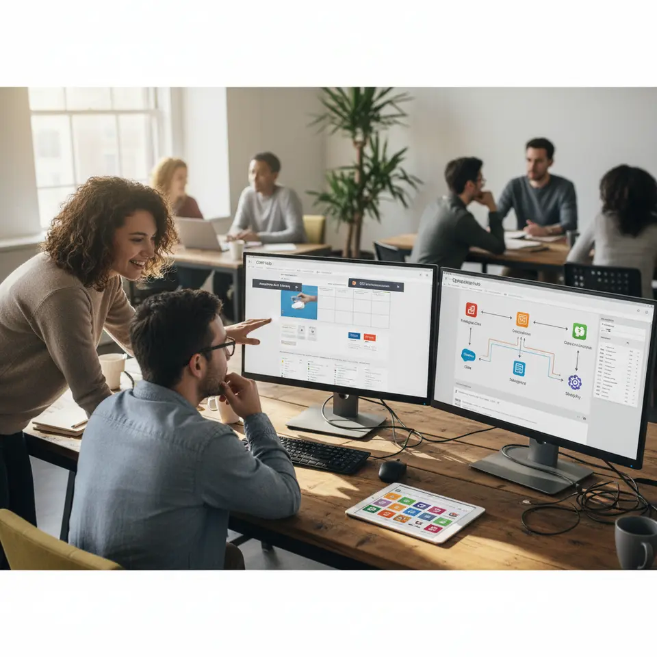 An illustrative workspace featuring the CMS Hub’s responsive drag-and-drop page editor with adaptive A/B testing and SEO recommendations, the Operations Hub’s real-time data sync pipelines linking CRM to apps like Salesforce and Shopify, and a vibrant App Marketplace grid displaying integration icons for e-commerce, analytics, and ERP systems.