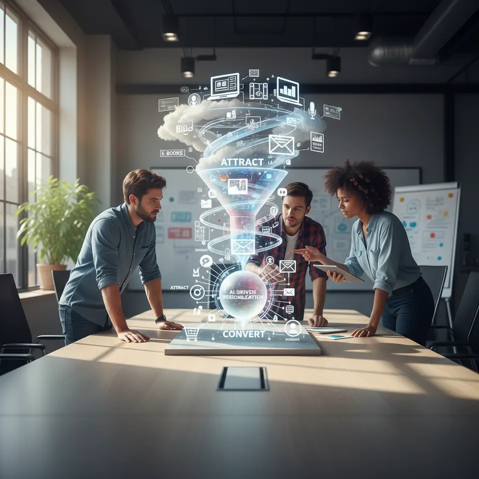 A dynamic inbound-marketing funnel illustrating the evolution from content creation (blogs, e-books) through multi-channel automation (email, social media, ads) to AI-driven personalization—with arrows and icons showing stages “Attract,” “Engage,” and “Convert.