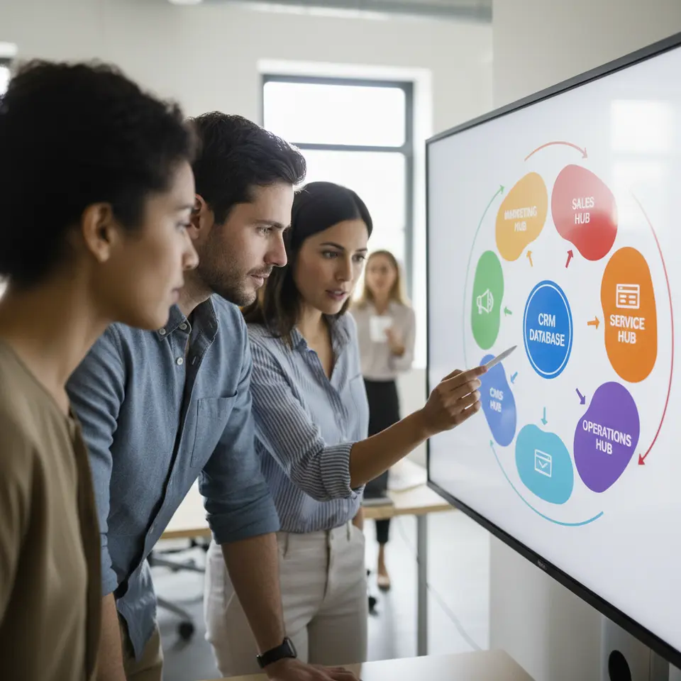A colorful infographic showing HubSpot’s five core hubs—Marketing, Sales, Service, CMS, and Operations—arranged around a central CRM database, each hub represented by a distinct icon and color, with arrows indicating seamless data flow between them