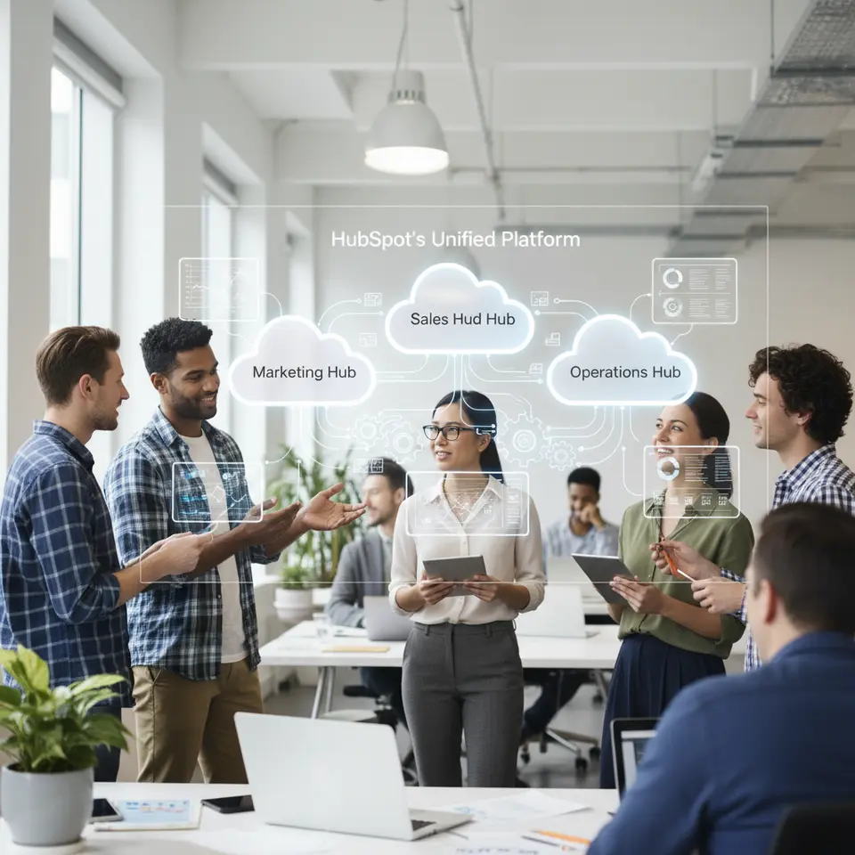 A stylized cloud-based ecosystem diagram of HubSpot’s unified platform, with five interlocking modules—Marketing Hub, Sales Hub, Service Hub, CMS Hub, and Operations Hub—connected by data streams, dashboards, and automation gears.