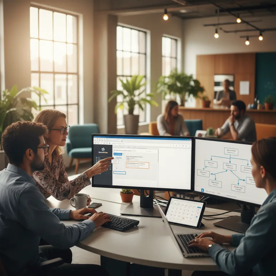 A dynamic marketing automation workflow scene: a drag-and-drop email editor generating personalized campaigns, a calendar view scheduling social posts across LinkedIn, Twitter, and Facebook, and branching arrows illustrating automated lead-nurturing steps and follow-up triggers