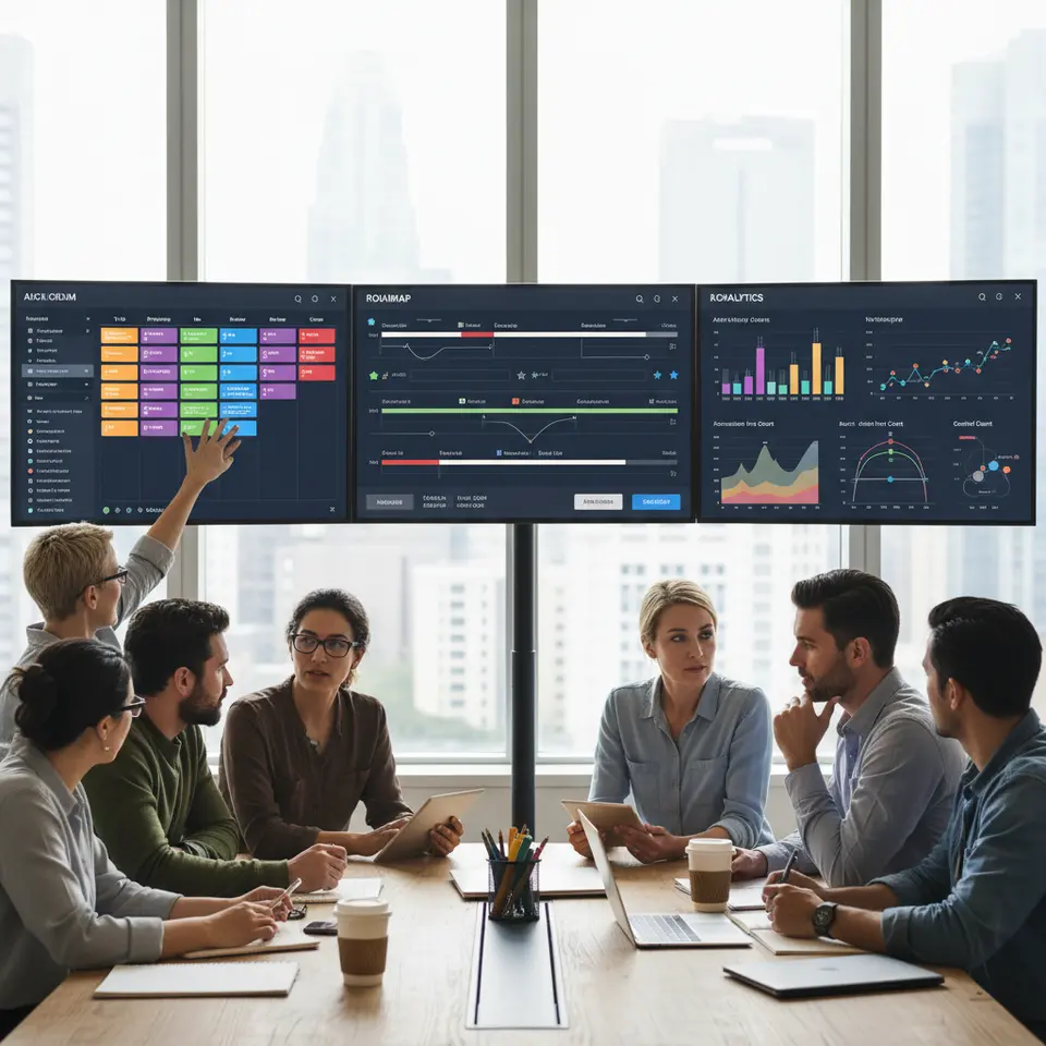 Dynamic Agile Planning Dashboard: A vibrant team workspace featuring an interactive drag-and-drop Kanban board and backlog view alongside an advanced roadmap panel displaying cross-team dependencies, milestones, and projected release dates. Include real-time charts such as burndown, velocity, control, and cumulative flow diagrams updating instantaneously as tasks move through custom workflow stages.