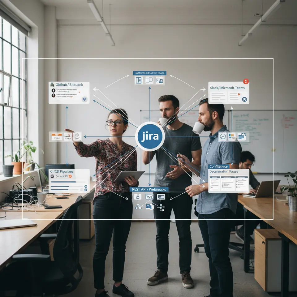 Jira Integration Ecosystem Network: A visual network diagram with Jira 2026 at the center, connected to external tools—GitHub/Bitbucket repositories showing commits and pull requests, CI/CD pipelines (Jenkins, GitLab CI, CircleCI), Slack/Microsoft Teams chat channels with notifications, Confluence documentation pages, and REST API/webhooks. Highlight bi-directional links, automated triggers, and data flow between each system.