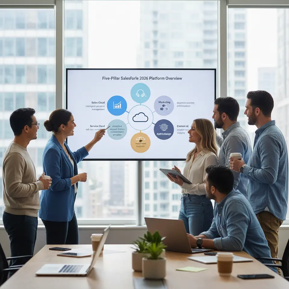 Five-Pillar Salesforce 2026 Platform Overview: a clean, modern infographic depicting the five core modules—Sales Cloud (intelligent pipeline management), Service Cloud (proactive support with AI-driven sentiment analysis), Marketing Cloud (dynamic journey orchestration), Einstein AI (embedded predictive insights), and AppExchange (extensible marketplace)—each represented by its own icon and brief caption, all connected to a central cloud symbol.