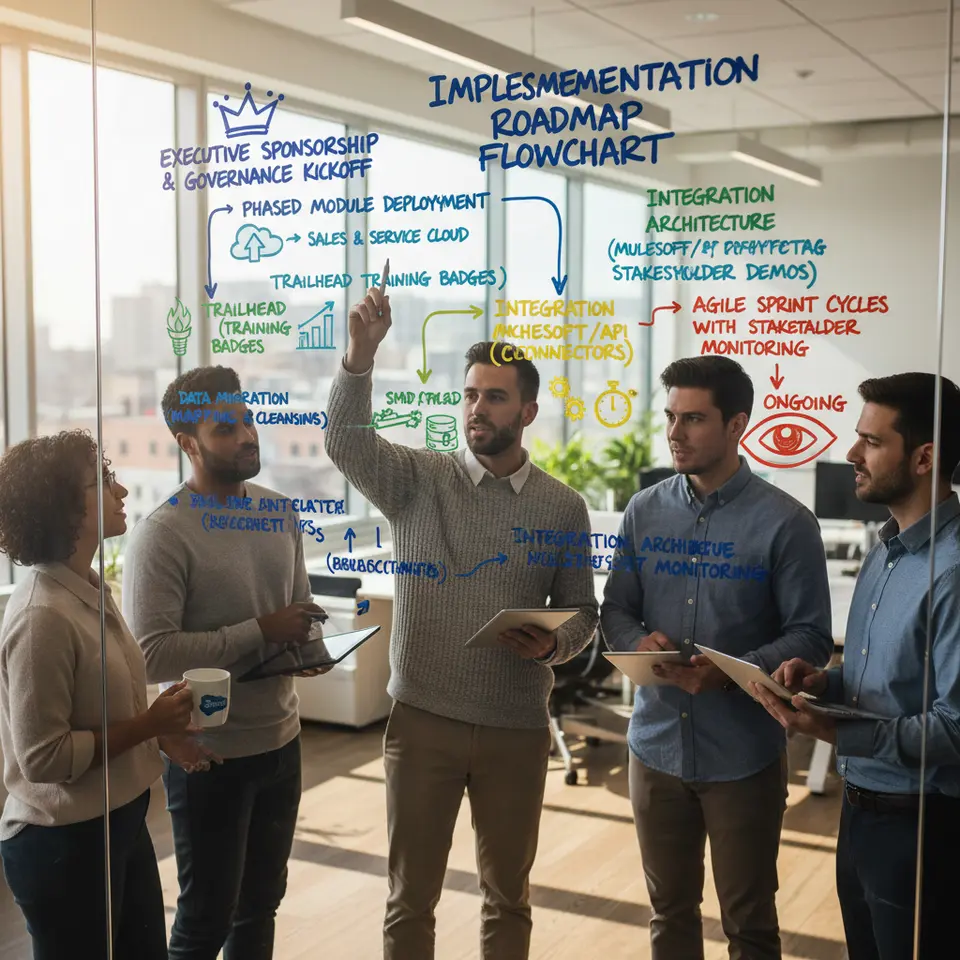 Salesforce Implementation Roadmap Flowchart: a step-by-step visual timeline illustrating best practices—executive sponsorship & governance kickoff, phased module deployment (sales & service first, then marketing & analytics), Trailhead training badges, data migration (mapping & cleansing), integration architecture (MuleSoft/API connectors), agile sprint cycles with stakeholder demos, and ongoing adoption monitoring—using color-coded stages and simple icons.