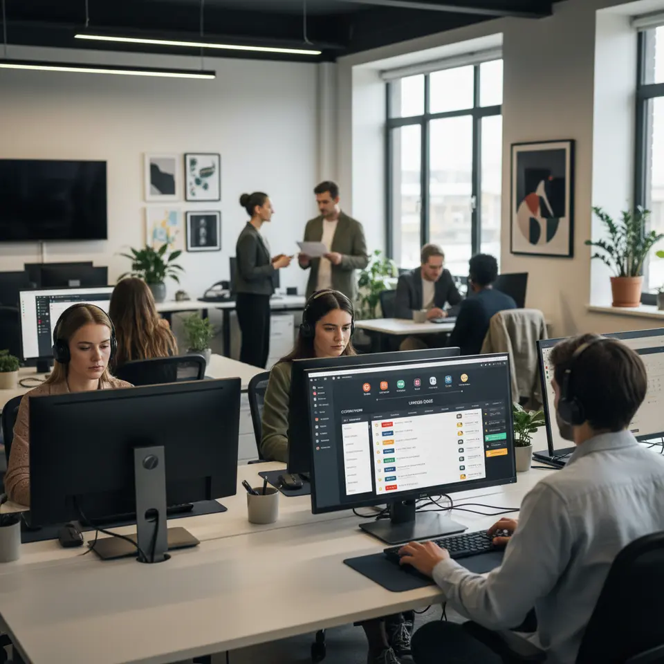 Unified omnichannel support dashboard showing tickets from email, chat widgets, phone calls, social media feeds and web forms converging into a single queue with priority tags, SLA timers, and custom views