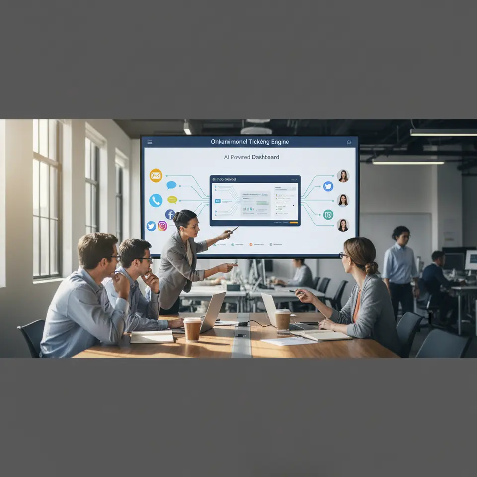 A vivid depiction of an Omnichannel Ticketing Engine: icons for email, live chat, voice calls, and social media streams all flowing into a single unified dashboard with AI-routing pathways directing tickets to the right agent