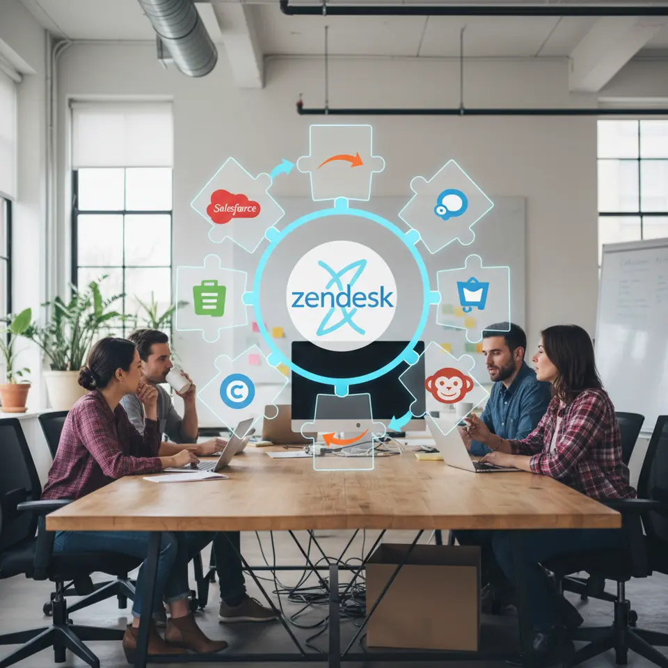 Seamless integration ecosystem diagram with the Zendesk logo at the center and interlocking puzzle pieces connecting to Salesforce, Shopify, Jira, Slack, and Mailchimp logos, symbolizing bi-directional data flow