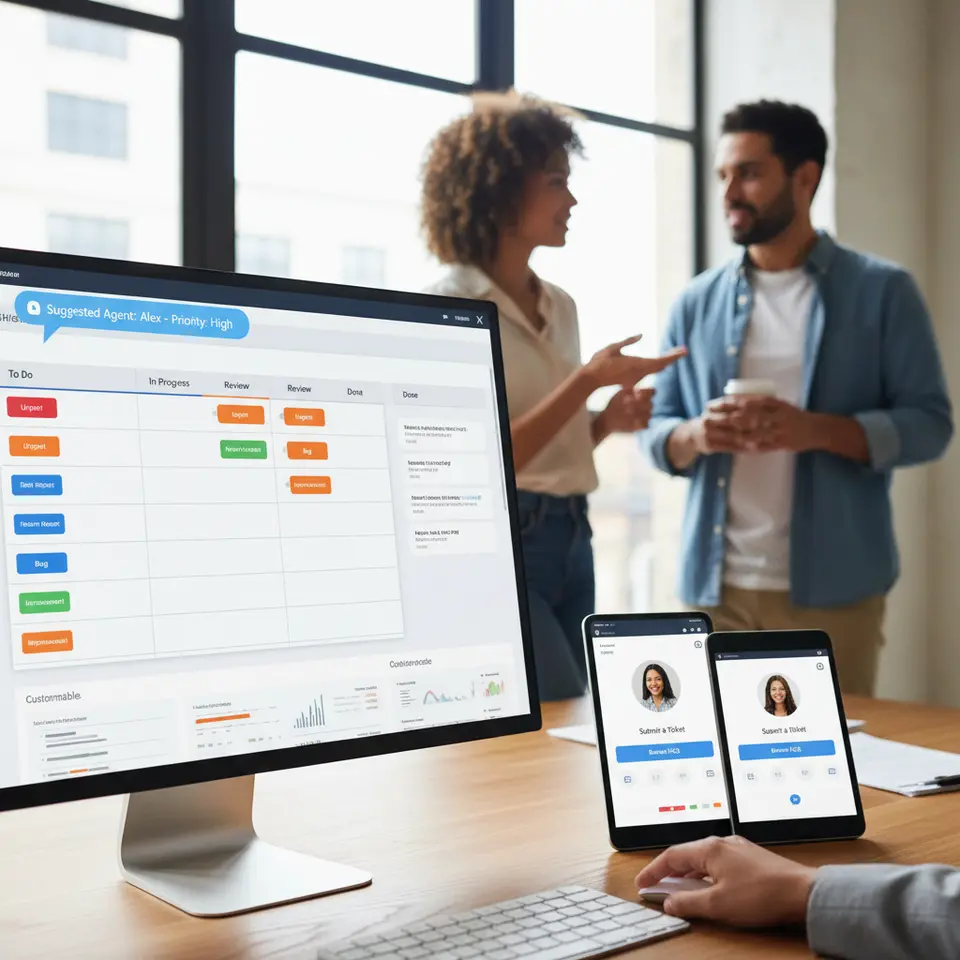 An interactive agent workspace showcasing a drag-and-drop Kanban-style ticket board on desktop alongside a responsive mobile self-service portal, complete with color-coded tags, AI suggestions pop-ups, and customizable panels